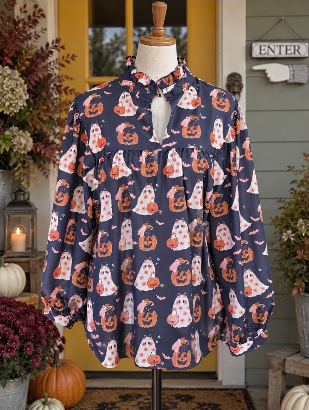 Halloween Ghost Cat Pumpkin Blouse Ruffle Neck Cottagecore Womens XXL NWOT